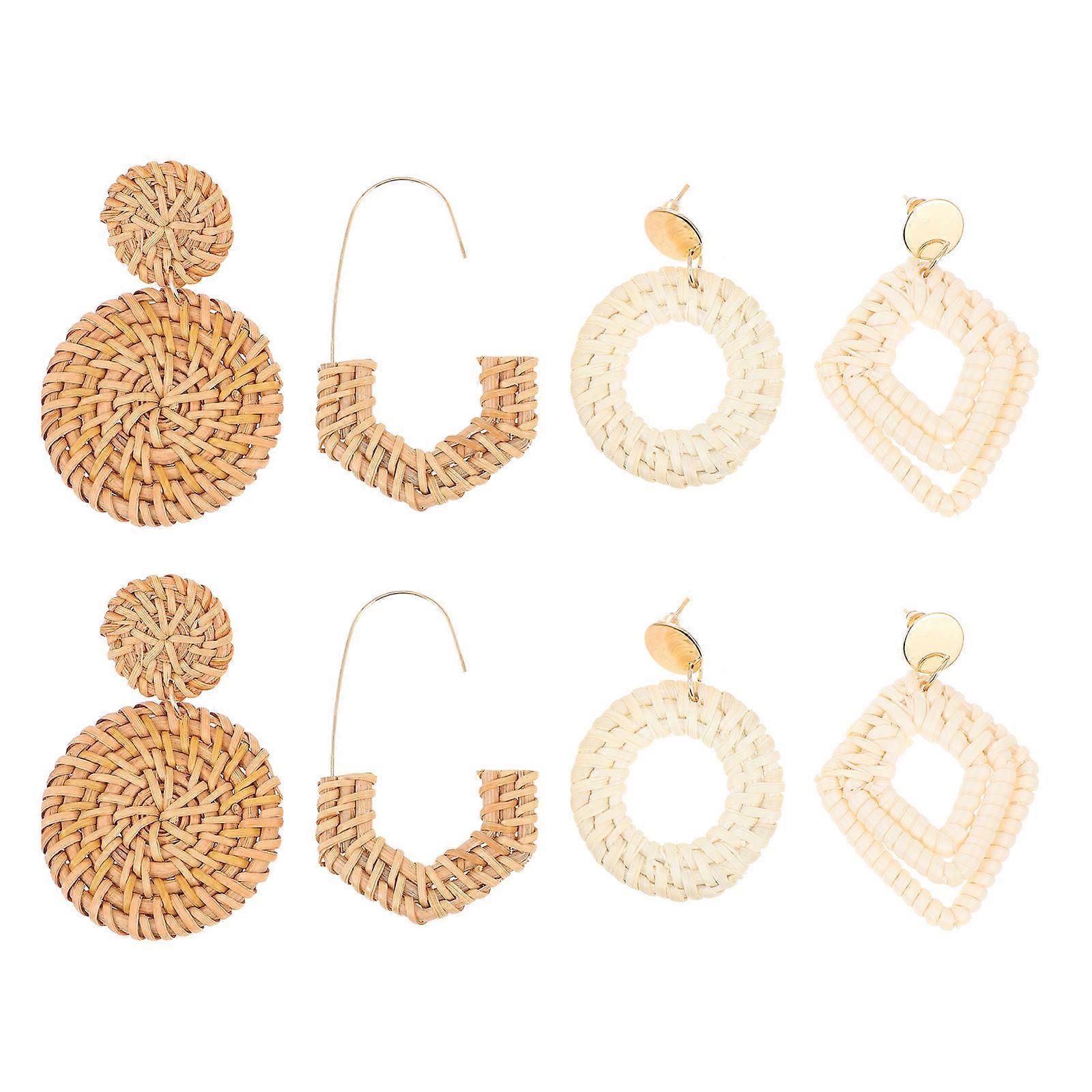 Woven Pendant Earrings Charming Round Studs for Dance Assorted Color Wood 4pairs