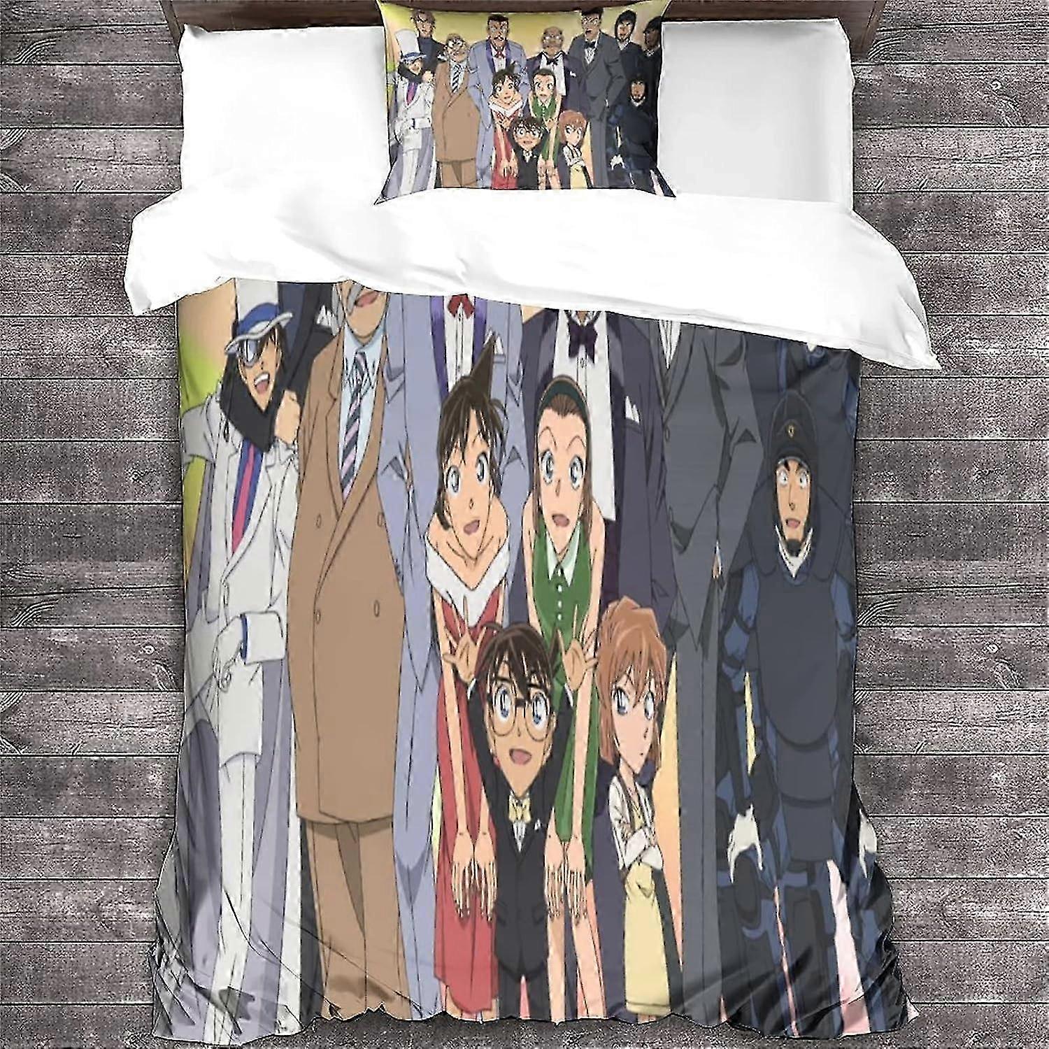 2025 Detektyw Conan Anime Komplet pościeli z poszewką na kołdrę z miękkiej mikrofibry Conan Edogawa i poszewką na poduszkę z zapięciem na zamek błyskawiczny dla dzieci, nastolatków i 135*200 C