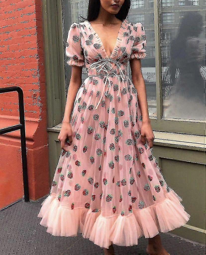 Sexy Maxi Strawberry Dress Women Party Vintage Woman Evening Dresses Deep V  Puff Jm5-2 | Fruugo NO