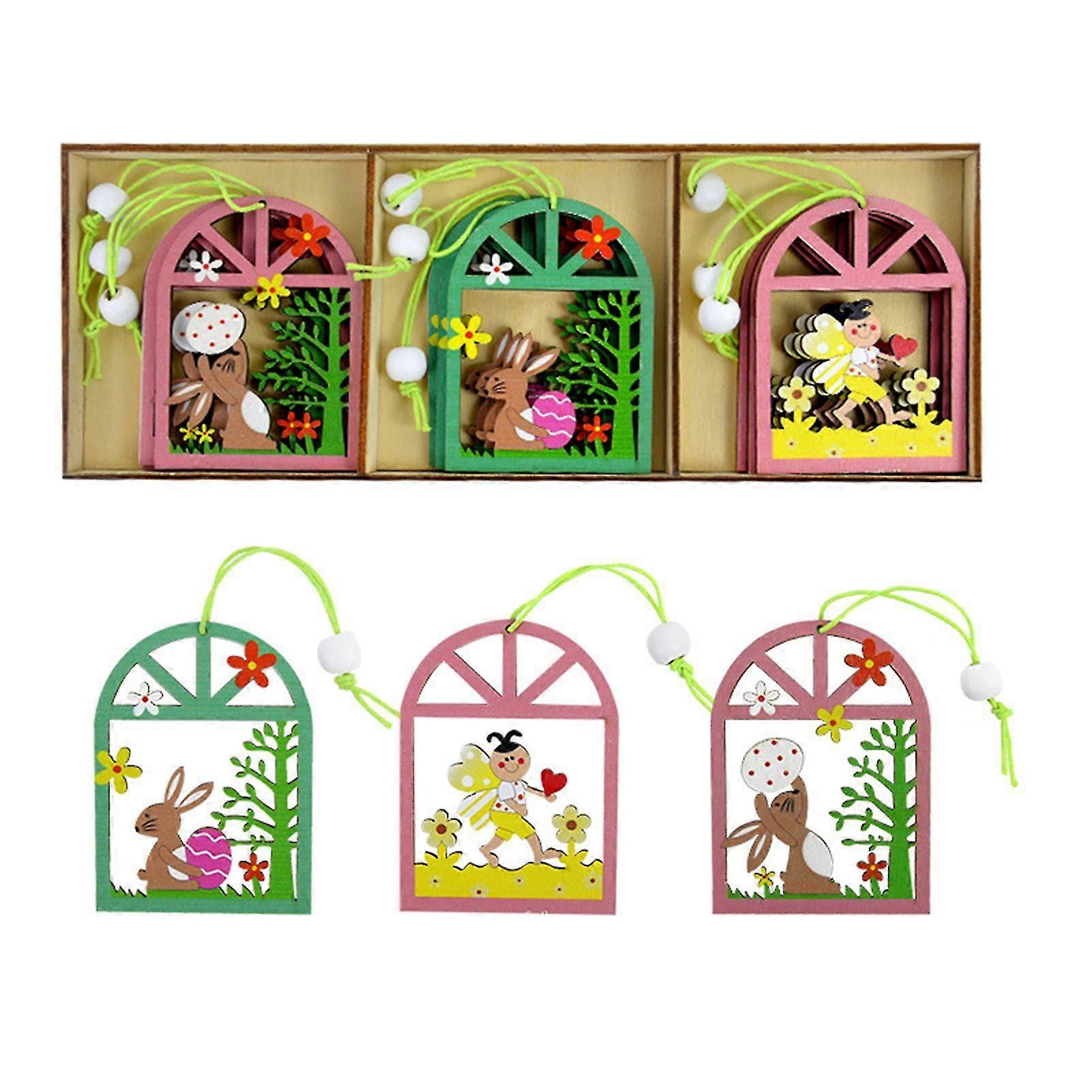 9pcs Easter Wood Pendant With Various Style As Choices For Easter Festivals Decor