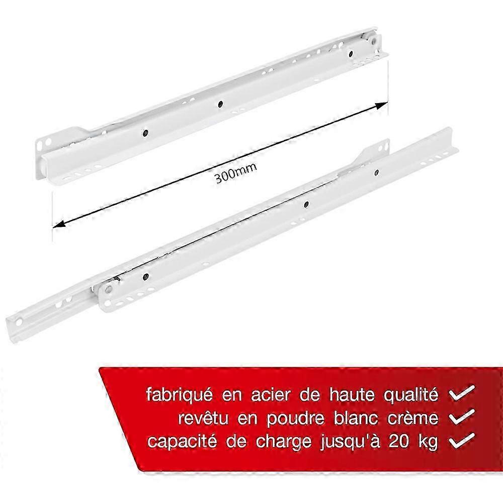 Drawer Slide 300mm - Set of 2 (1 Pair) Sliding Drawer Rails, in White, Partial Extension Slide System - Easy Assembly Sliding Drawer Kit