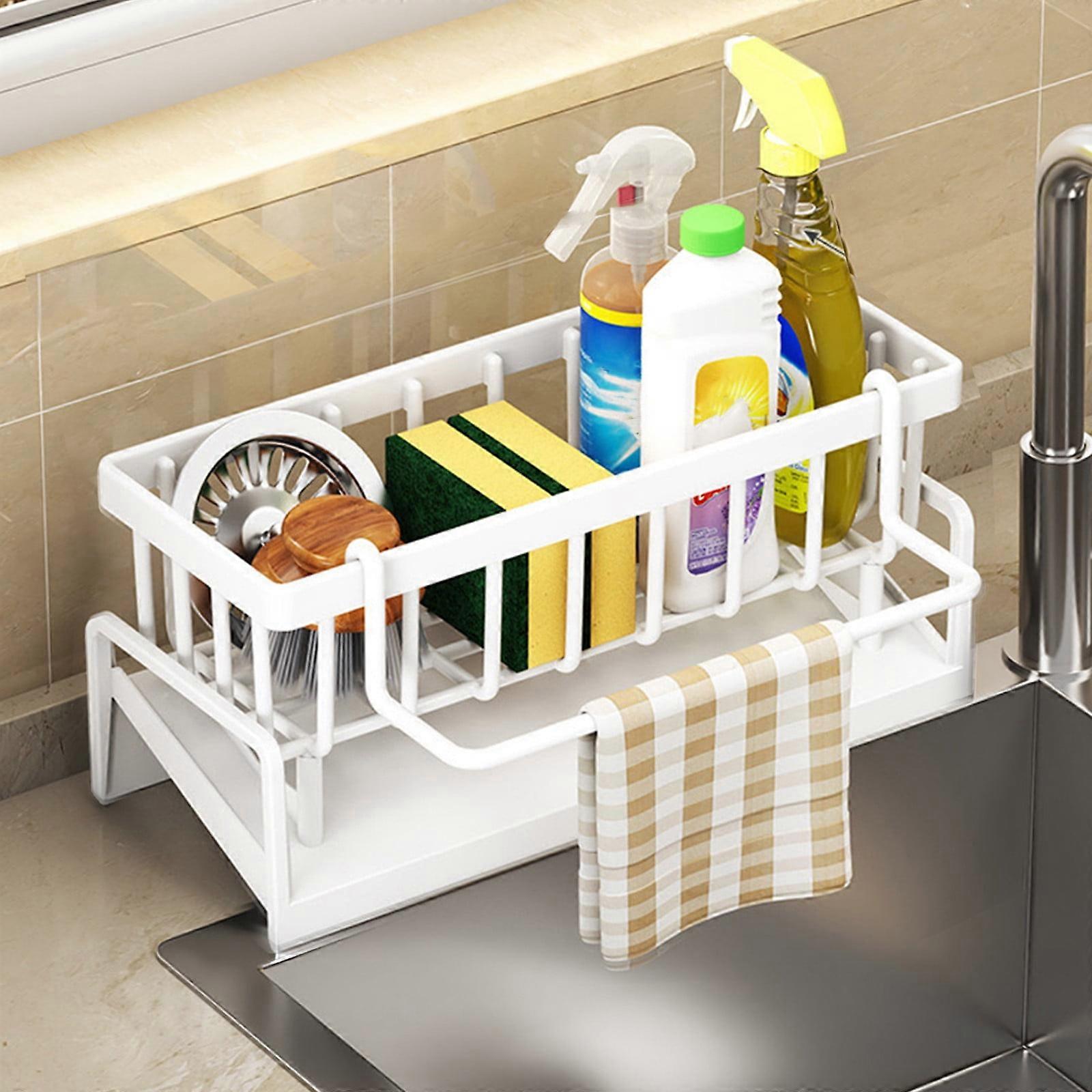 Sink Caddy with Brush Holder & Auto-Drain Tray, Rustproof Sponge Holder for Kitchen Sink, Soap Dispenser Storage – Compatible with Most Sinks