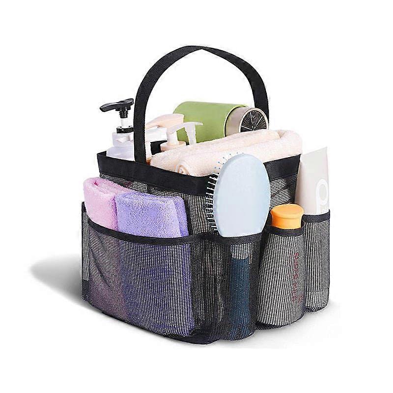 Mesh Shower Caddy with 8 Pockets, Quick Dry Hanging Organizer for Dorm Bathroom Essentials (Black)