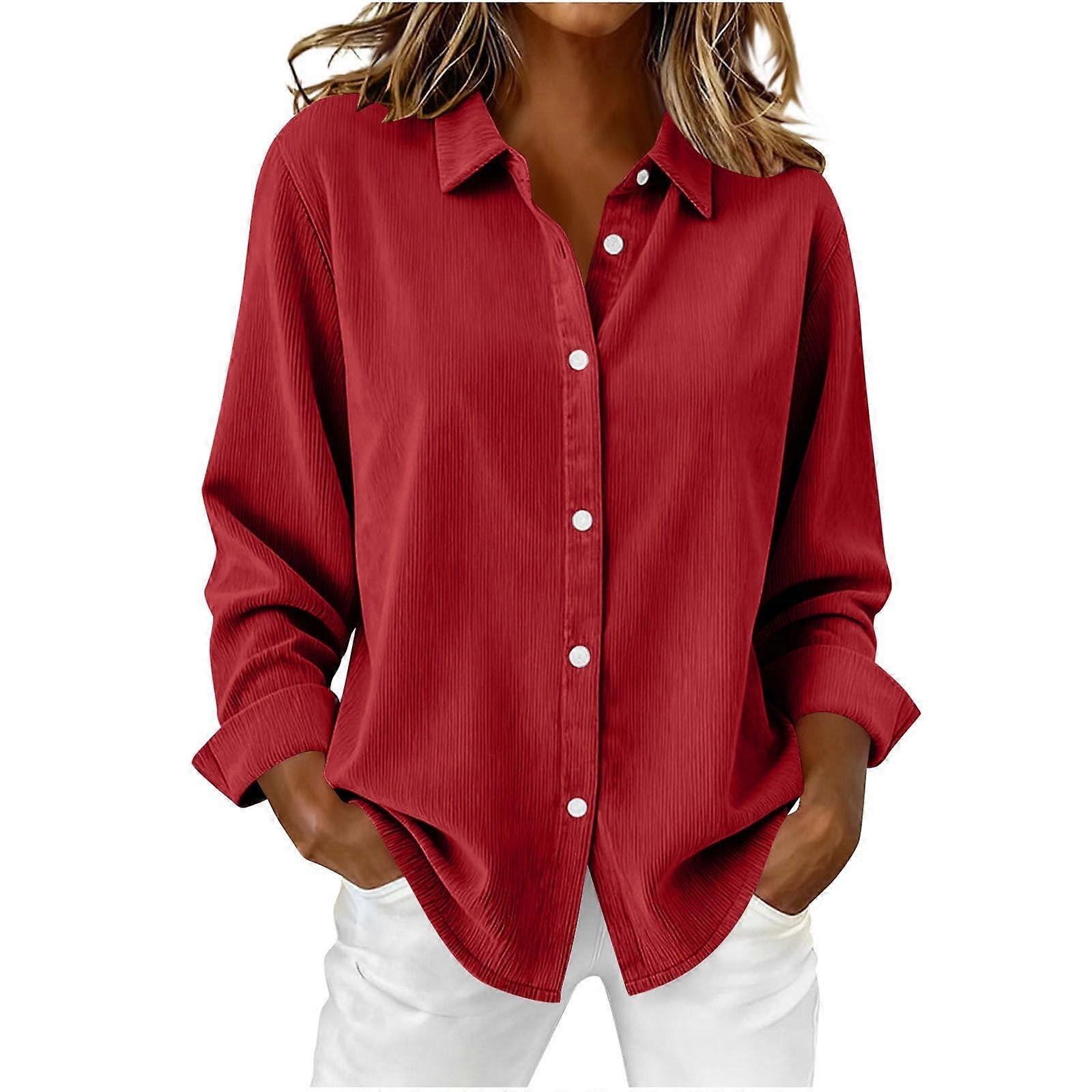 Women's shirt, casual, long sleeves, button-down, autumn style, elegant, multi-color, plaid pattern, loose fit, outerwear.  Red XL