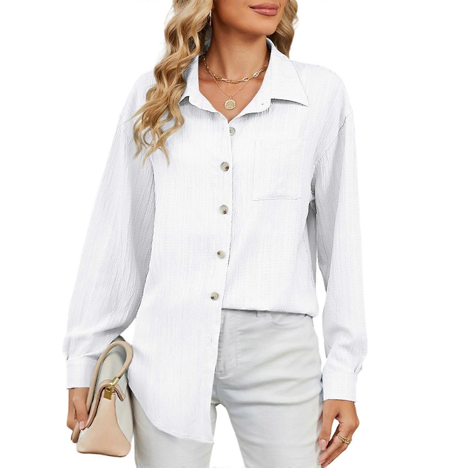 Women's long-sleeved collared blouse with textured collar, workwear style, and pockets.  White XL
