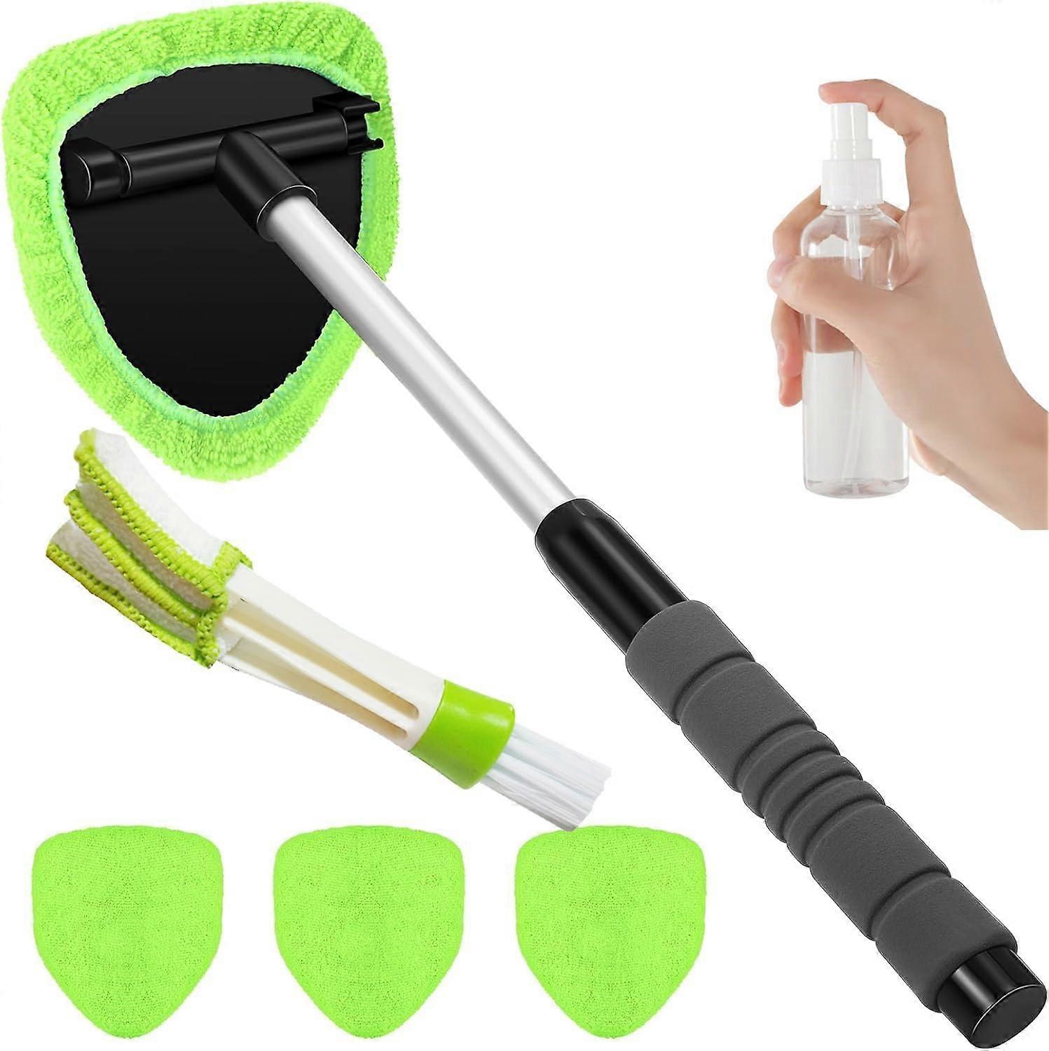 Car Windshield Cleaner with Extendable Handle and Swivel Head, Reusable Microfiber Pads, Green