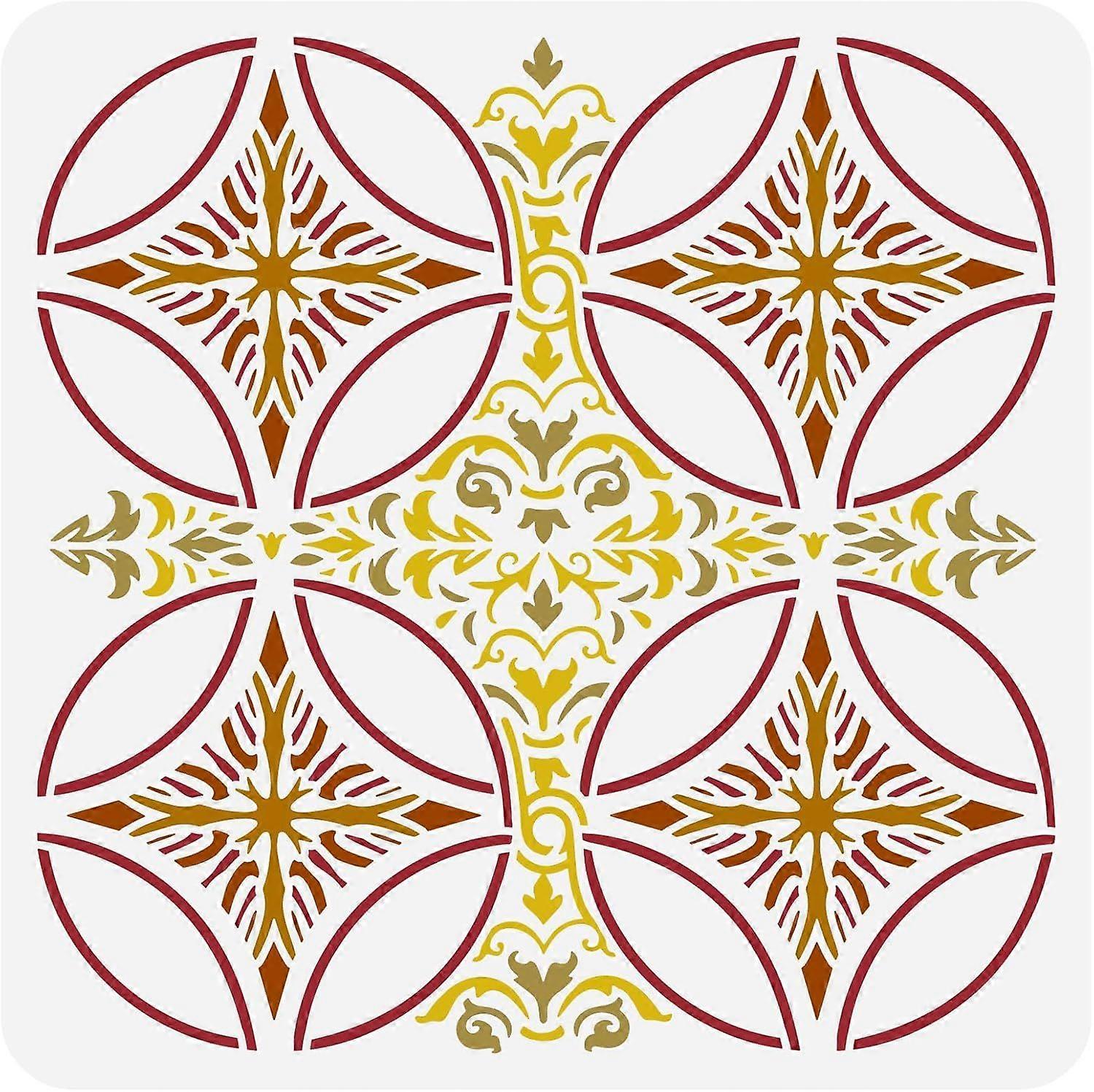 Damask Pattern Stencils 11.8x11.8 inch Floor Tile Stencil Template Plastic Circular Damask Patterns Stencil Reusable DIY Art and Craft Stencil for Wal