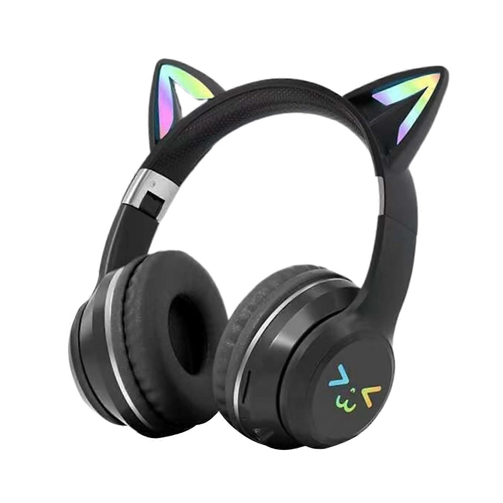 Cat Ear Headphones Foldable Wireless OverEar Headset With Microphone LED Light Gradient Color Black Multicolor