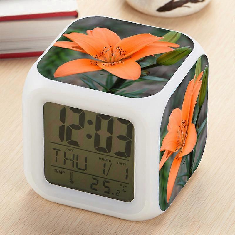 LED seven-color changing alarm clock, creative lily flower large screen digital clock
