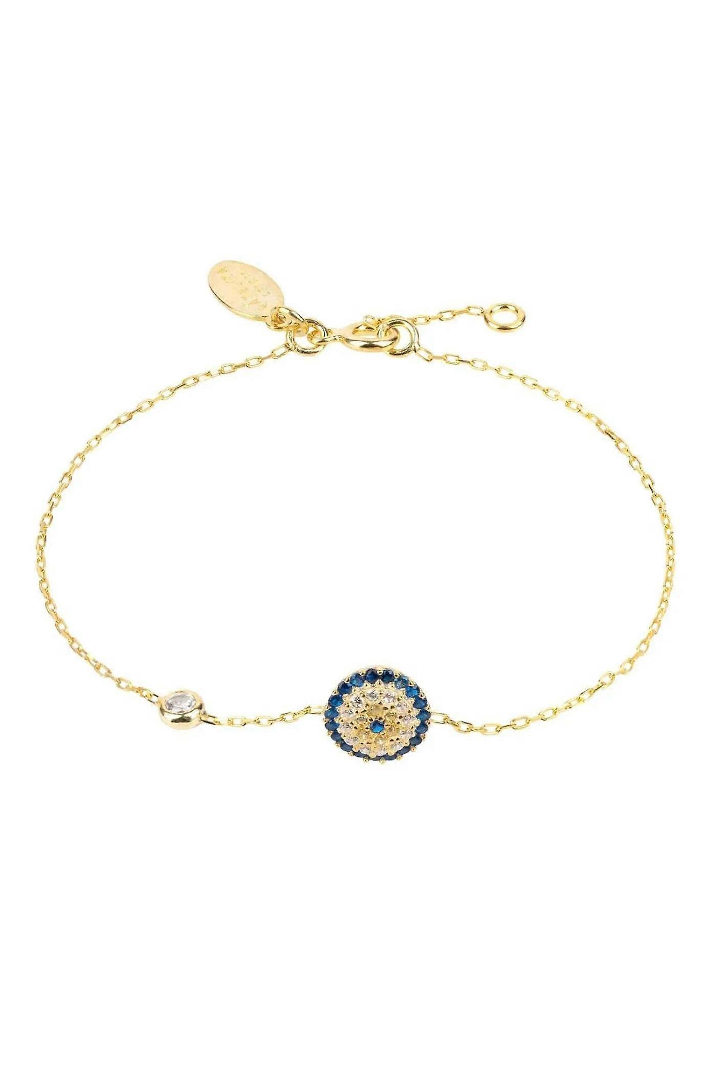 Latelita Evil Eye 女士金色手链，纯银，22K 金浸渍，长度可调 14.5-17 厘米，多面蓝色和白色锆石