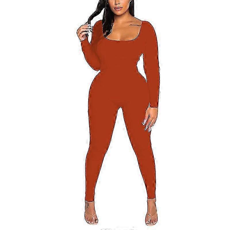 Women Solid Color Bodysuit Stretch Vacation Romper Long Sleeve Playsuit 26s