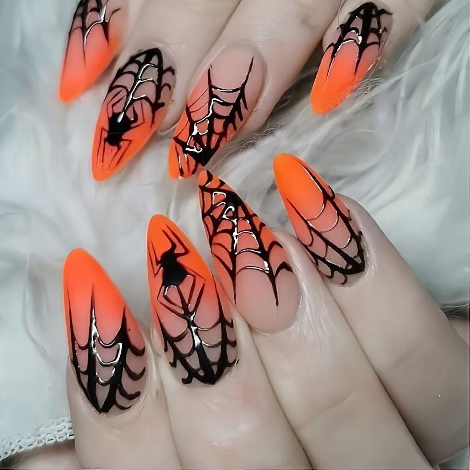 Halloween Press On Nails Almond Shape Orange Gradient Spider Web Design Reusable Full Cover Set