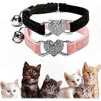 2-Piece Cat Collar with Diamond Bell, Black and Pink, Cute Cat Collar with Bell