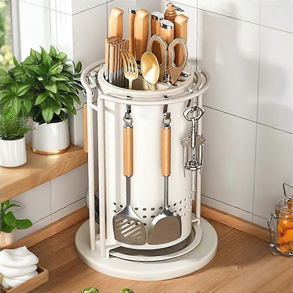 Rotating Knife Holder with Drain Tray, 360° MultiSlot Kitchen Storage Rack, RustResistant White