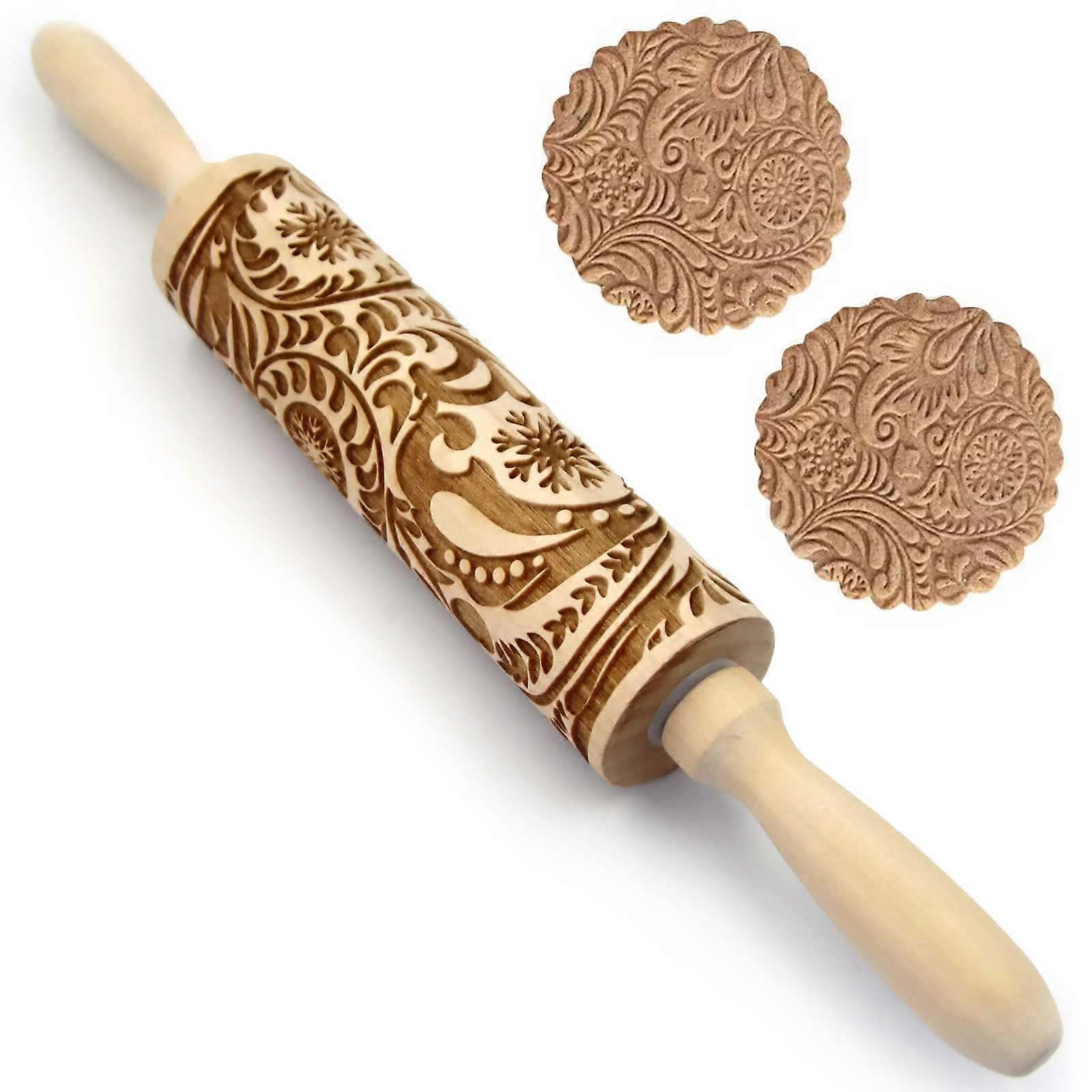 Embossed Wooden Rolling Pin with 3D Flower Pattern, Ergonomic Handles for Holiday Cookie Baking