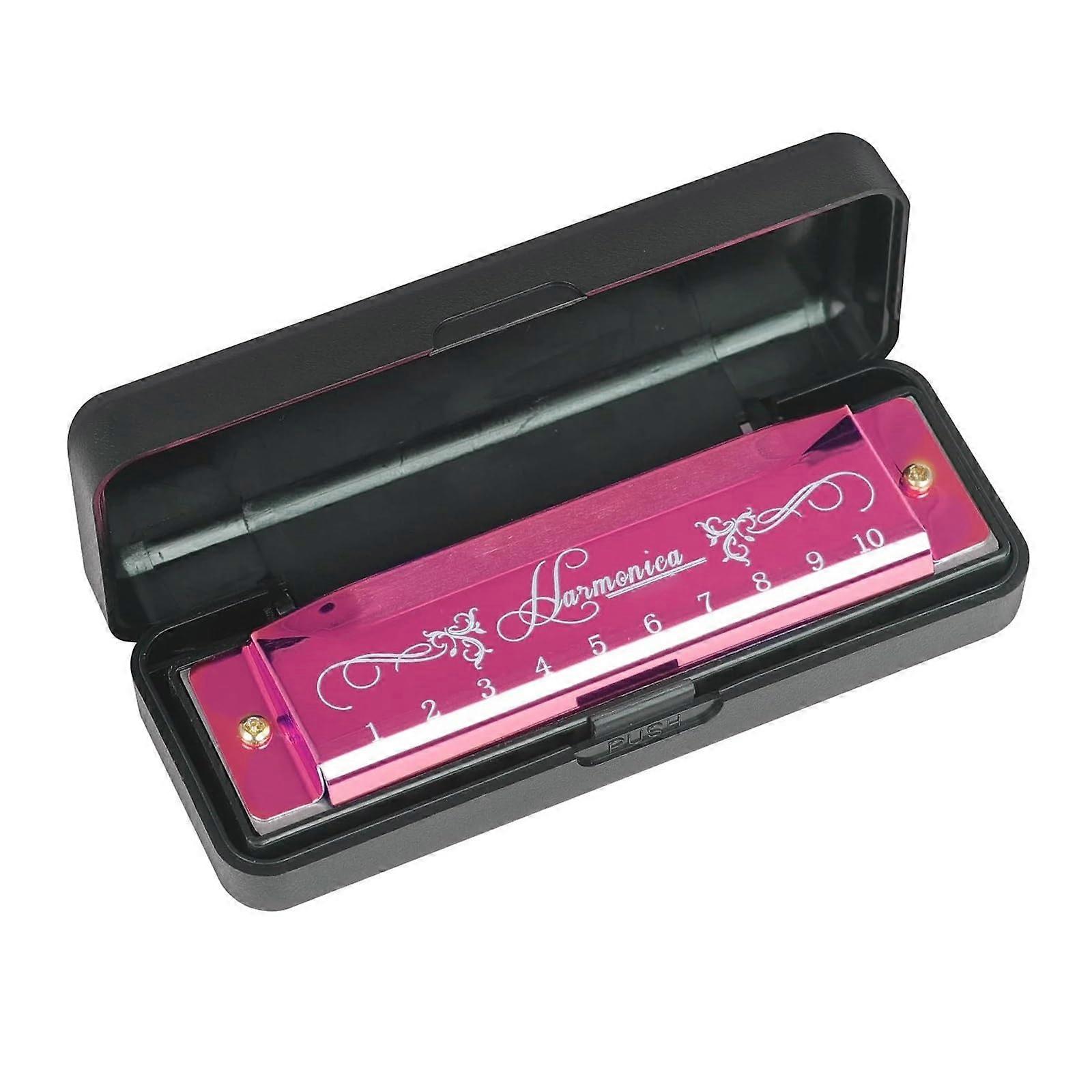 10 Hole Harmonica in C Key with Case, Durable Nickel Finish, Beginner Friendly Pink Gift