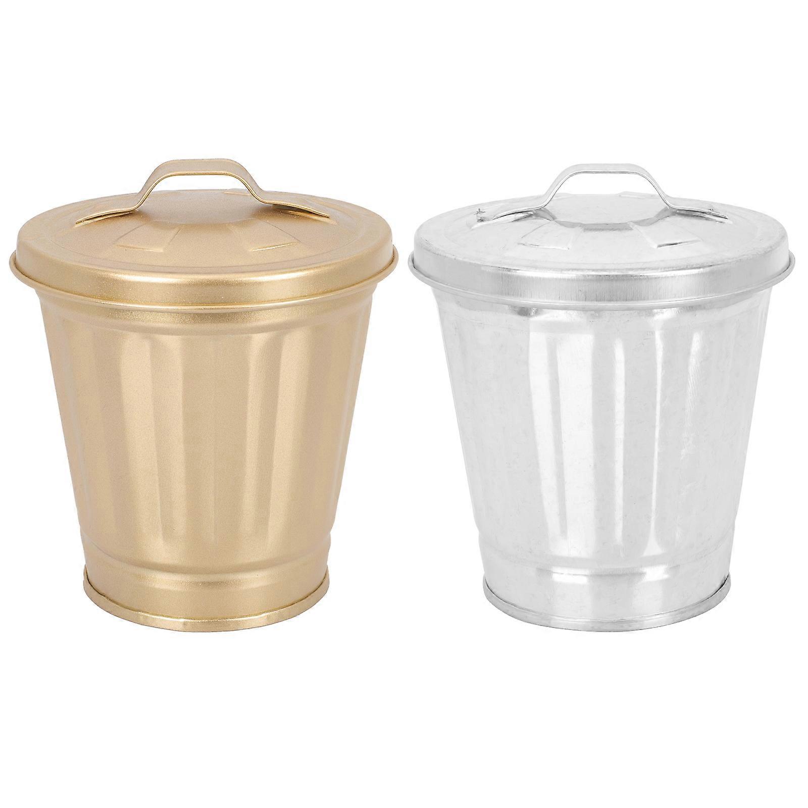 Mini Garbage Can Desktop Iron Trash Bin for Home 2Pcs Covered Tiny Bin