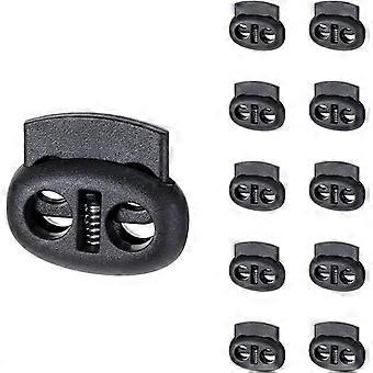 Pack of 10 double-hole plastic shoelace locks with black drawstring for shoelaces, paracord, clothing, bags, sweatpants, and hats, Black, size