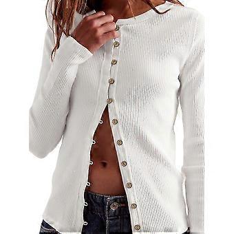Women Y2K Fall Long Sleeve Button Up Ribbed Knit Crop Cardigan Slim Fit Round Neck Sweater Tshirt Cream White for Casual Wear