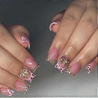 24 Stück French Tip Press On Nagel kurze quadratische Form falscher Nagel mit Schleifen und Blumendesign rosa Acryl Nagel