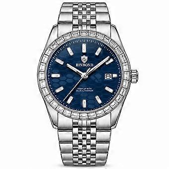 Men's Business Quartz Watch BINBOND Gold Diamond-Set Stainless Steel Strap Waterproof Luminous Calendar Gold Dial JY