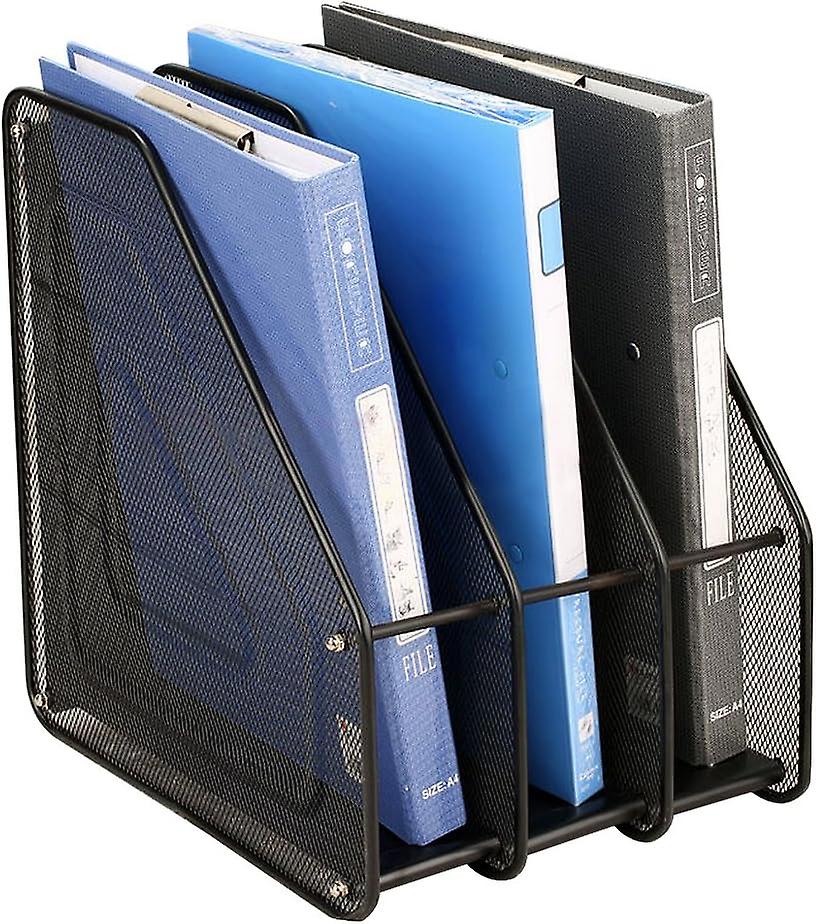 Mesh Metal Double Desktop Magazine File Rack Holder For Lever Arch Foolscap Paperwork Document Storage Box Home Office Containers 3 Sections- Black