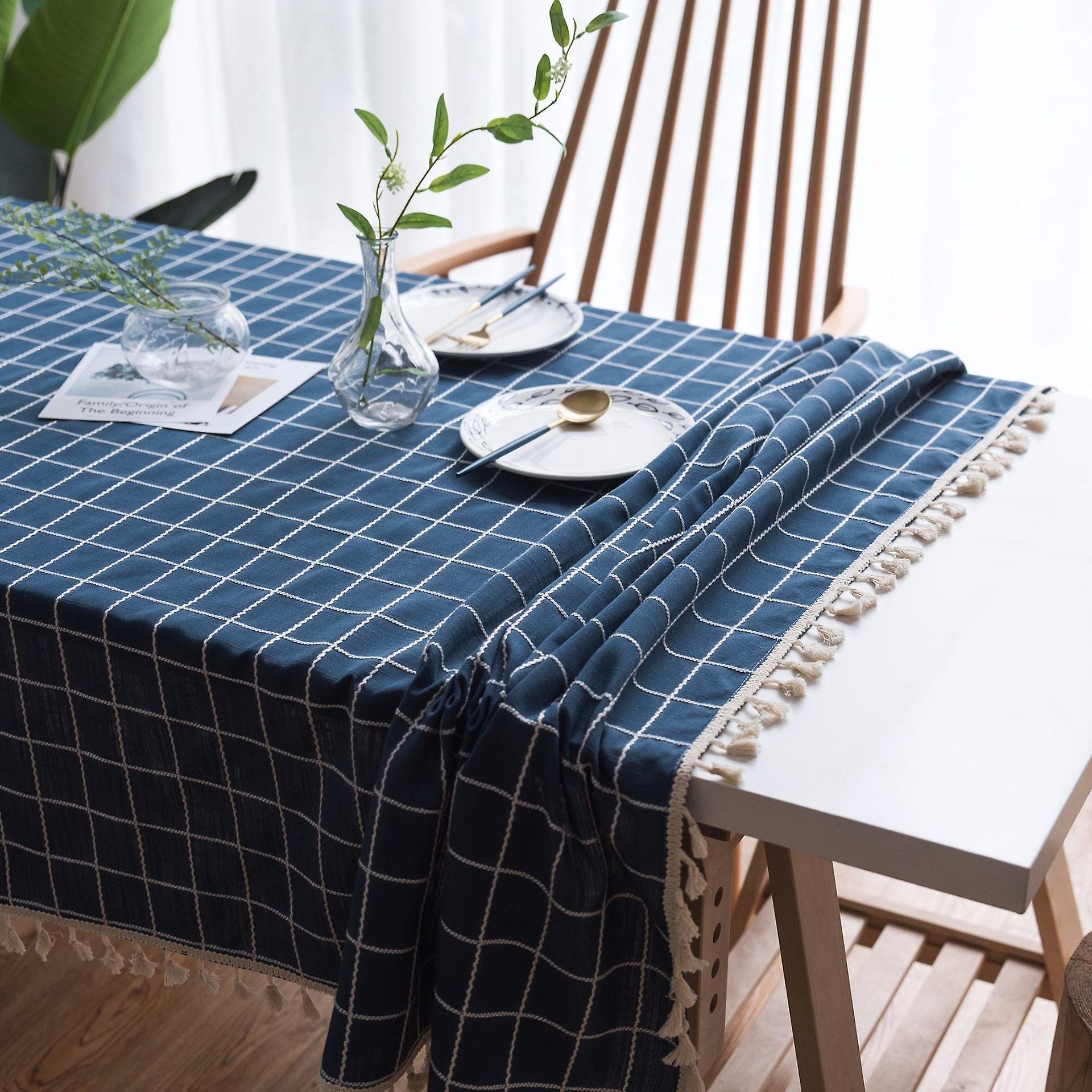 Blue Plaid Tablecloth Three-dimensional Embroidered Rectangular Linen Dustproof Table Cloth
