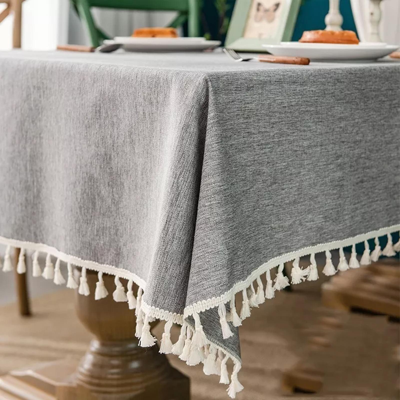 Tassel Tablecloth Waterproof Oilproof Cotton Linen Decorative Dining Table Cloth Rectangular Gray 