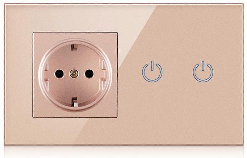 EU Smart 2 Gang Touch Light Switch +16A Germany Socket Outlet With Golden Crystal Glass Panel