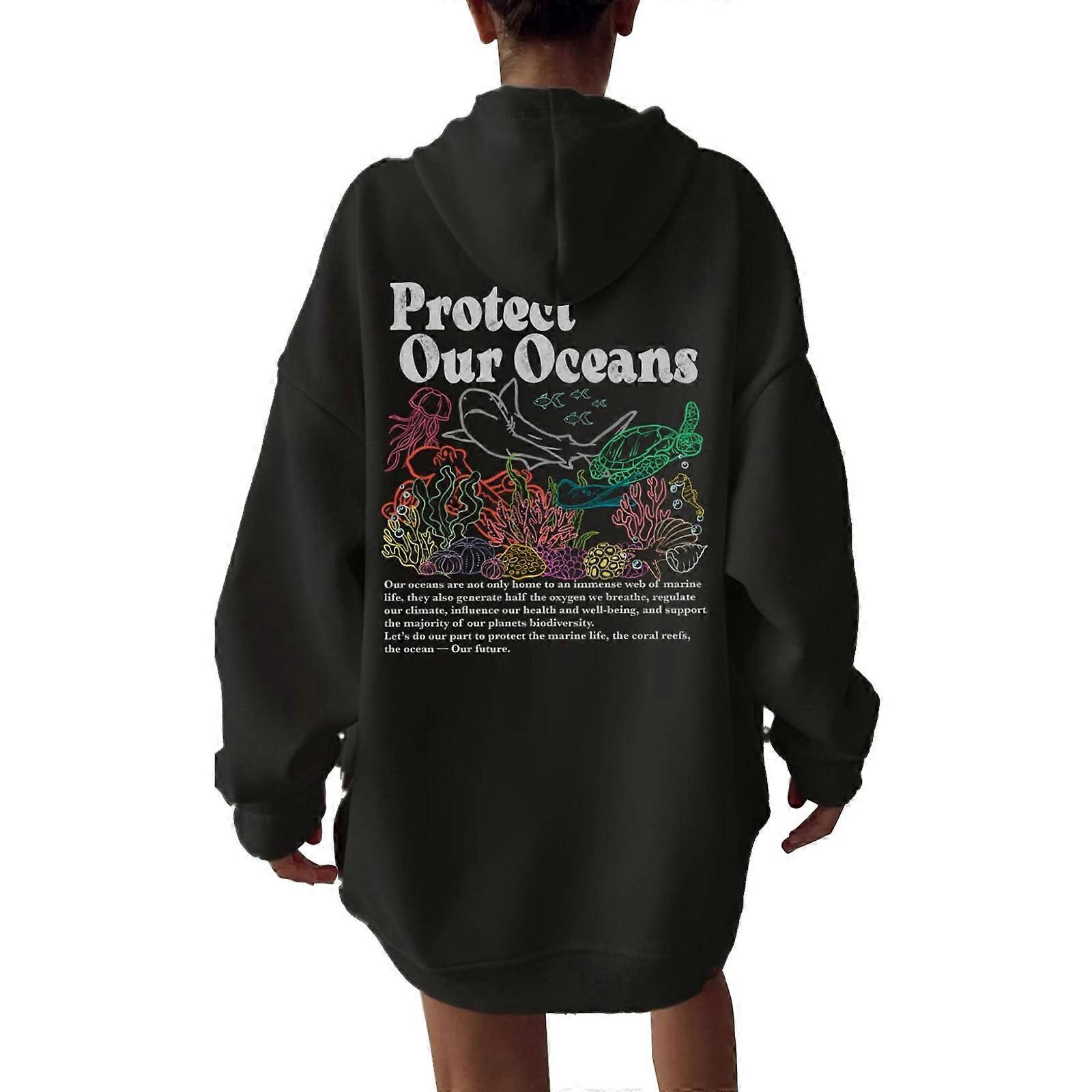 Moletom com Capuz Pro Tect Our Oceans para Mulheres Adolescentes | Moletom com Capuz de Peixe | Sa Ve O Oceano | Respeite os locais | Ano Marinho