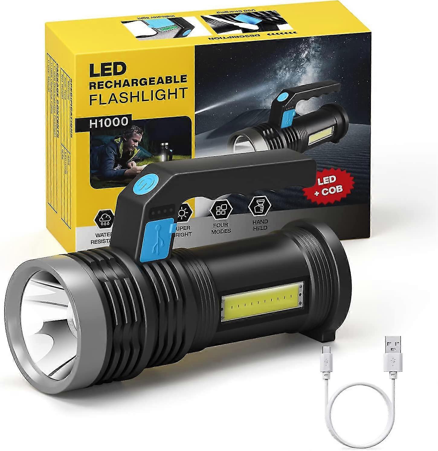 Usb Rechargeable Torch, 4 Modes Portable Powerful Led Flashlight With Work Light And Handle, Ip65 Waterproof Usb Camping Light For Outdoor, Hiking, Em