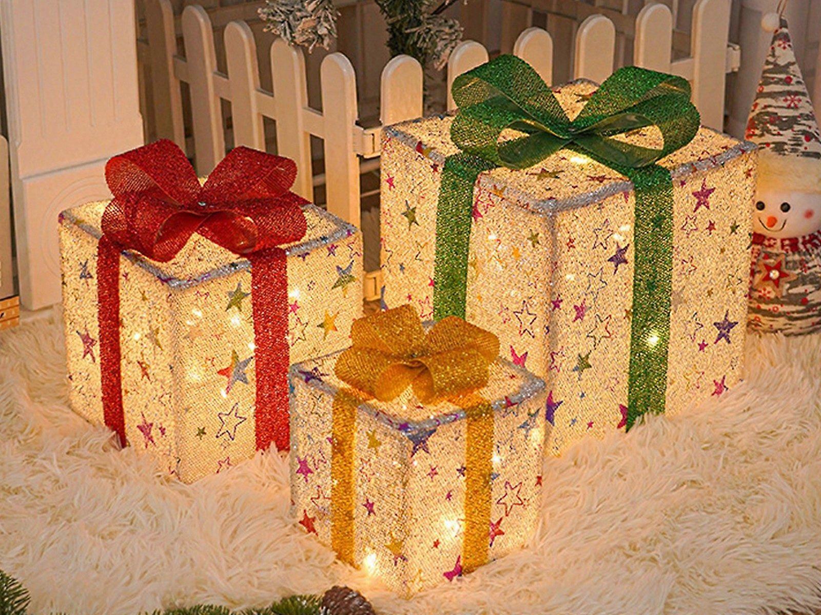 3Pcs Christmas Lighted Gift Boxes Pre-Lit Xmas Present LED Lights Decor Star