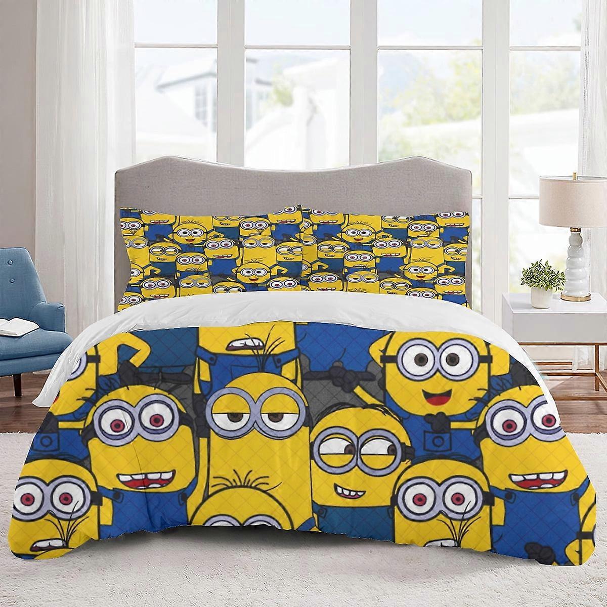 v1703 Lakan Sängkläder Minions Sängkläder Set Tecknad Påslakan Lätt 3-delad Bet Sets för barn Pojkar Flickor (1 påslakan och 2 örngott)