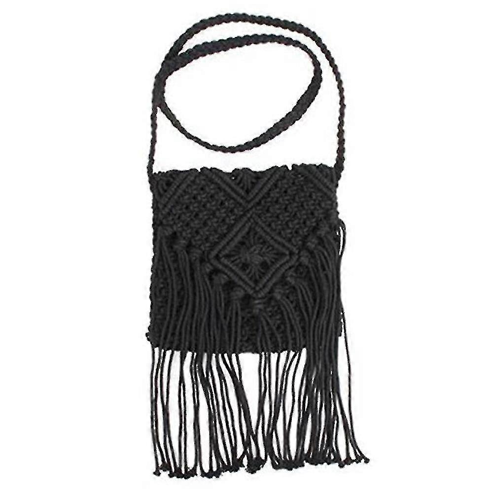 Fringed Crochet Cotton Cross-body Bag Bohemian Summer Beach Shoulder Bag For Girls Women (black)