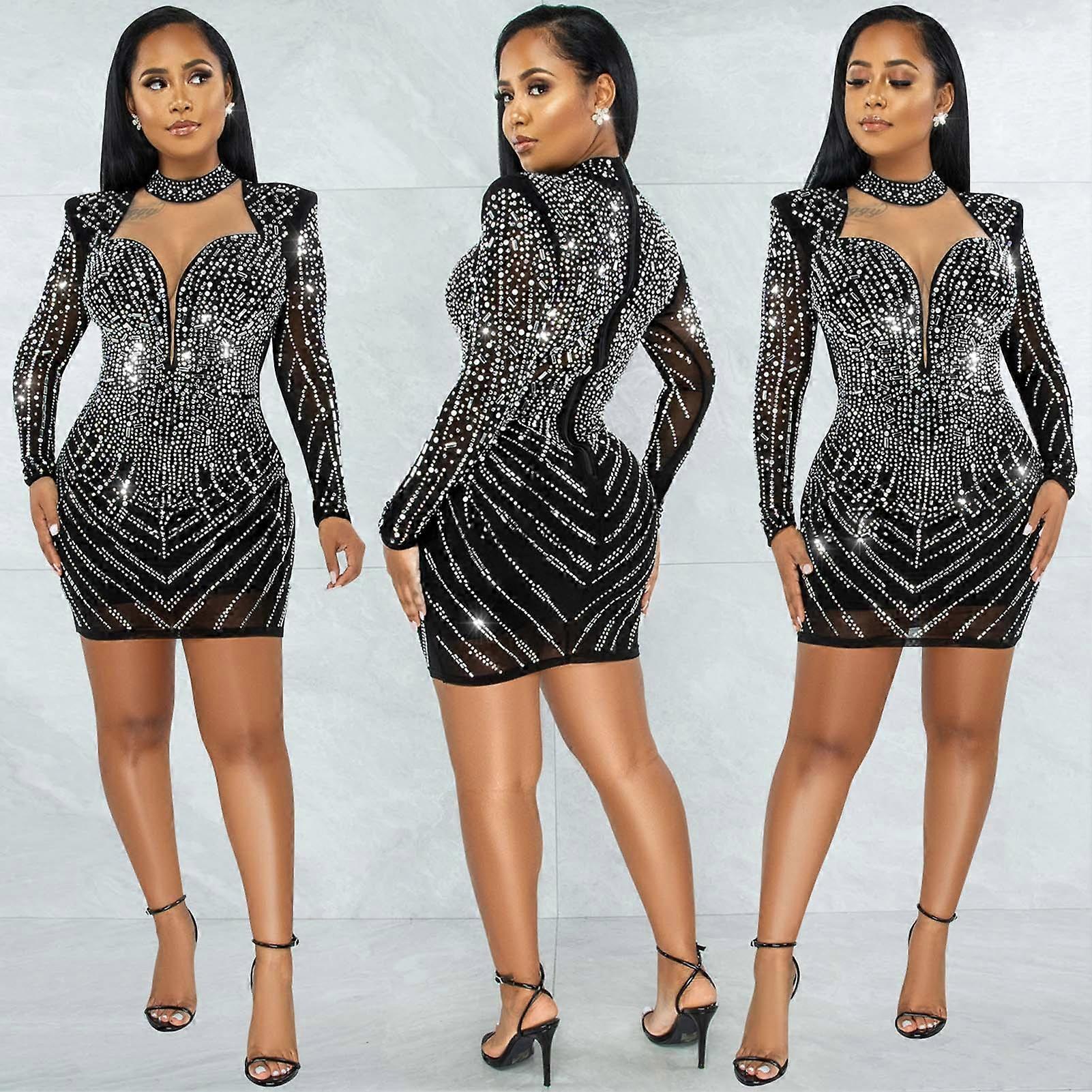 Sugar Babe Black Embellished Rhinestones Turtleneck Bodycon Mini Party Dress main image 0
