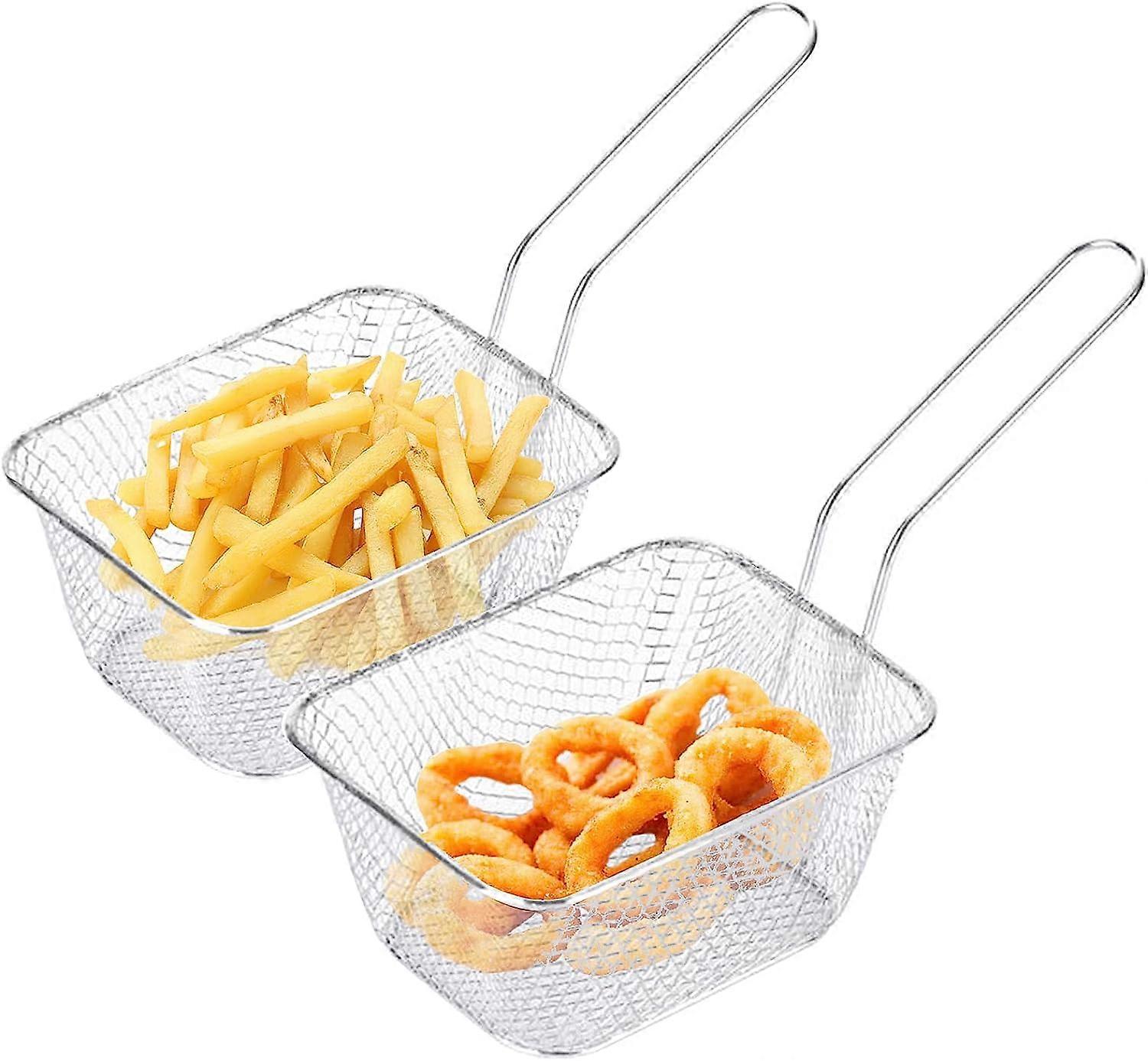 Mini pommes frites kurv, chipskurv, 2 stk pommes friteskurv i rustfritt stål med håndtak for steking og servering av mat