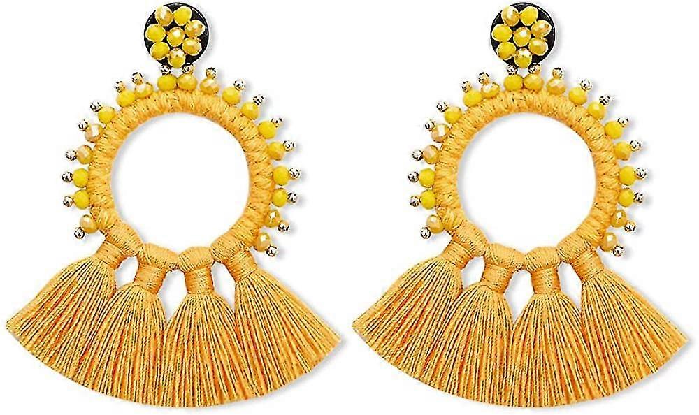 Large Beaded Hoop Tassel Earrings, Big Boho Statement Fringe Dangle Earrings