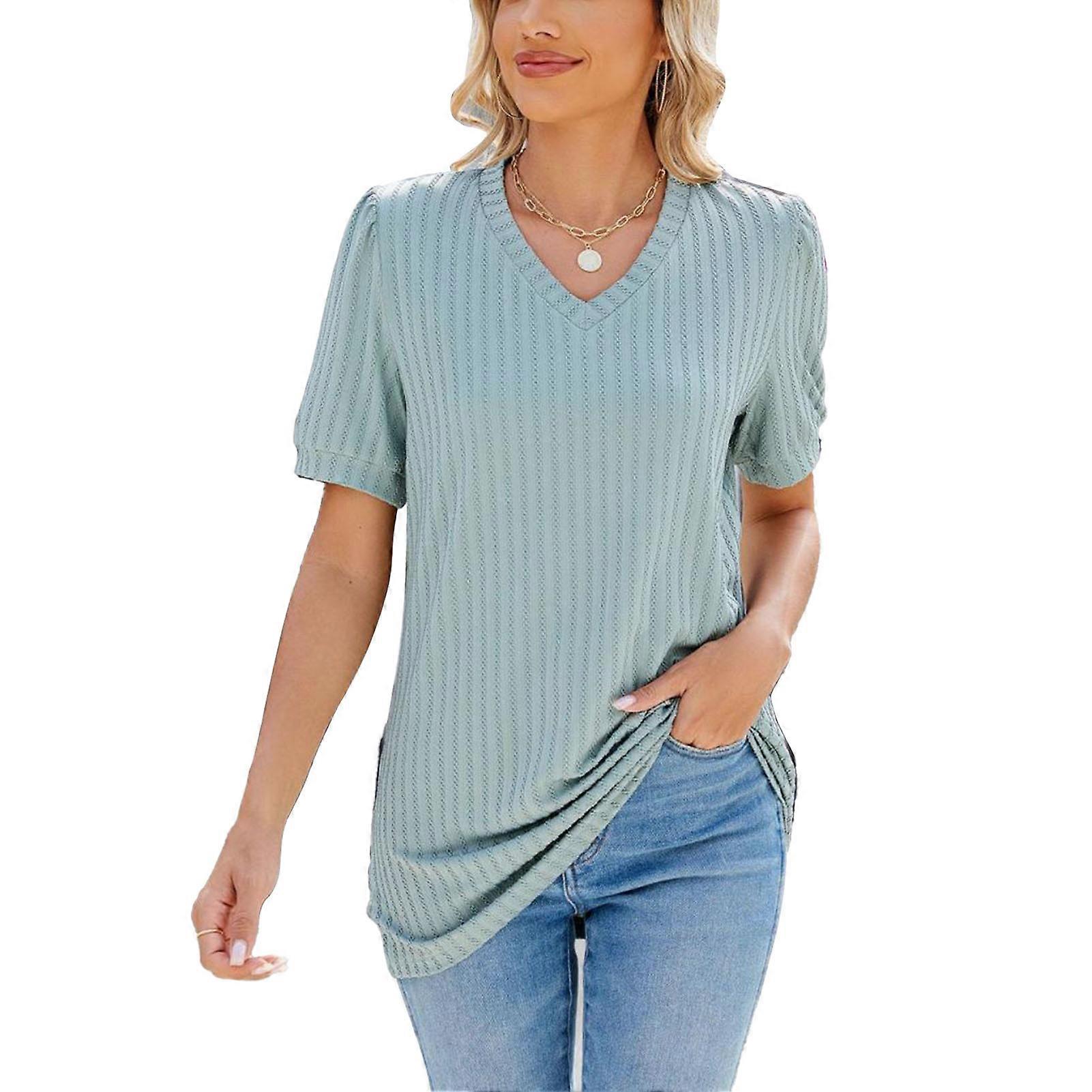 Women V Neck Short Sleeve Solid Color T Shirt Green L