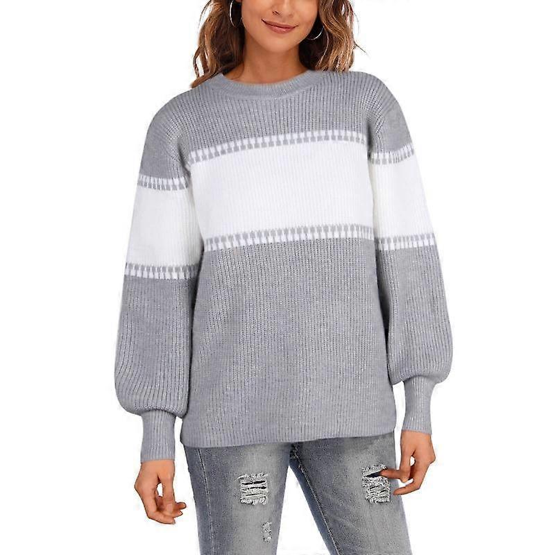 Women's Fall and Winter Striped Vintage Color Contrast Patchwork Crew-neck Pullover Sweater