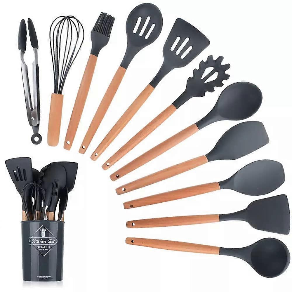 12 Pieces Silicone Kitchen Utensil Set with Wooden Handles for Nonstick Cookware BPA Free and Non Toxic