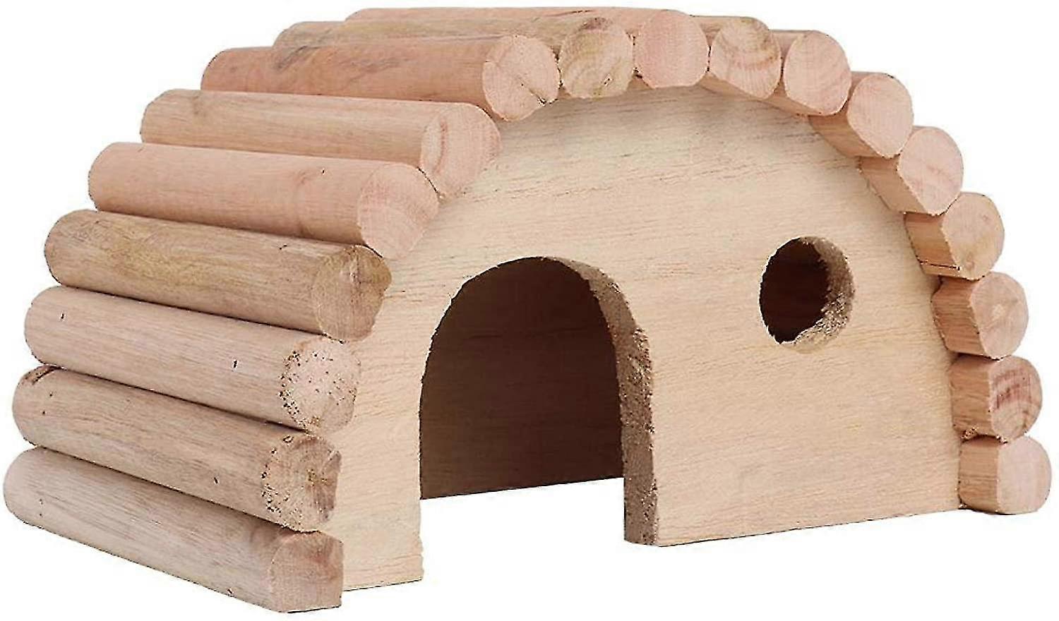 Hamster house, Natural wood - built shelter with arched doorway and ventilation hole, Ideal for small pets to rest and play