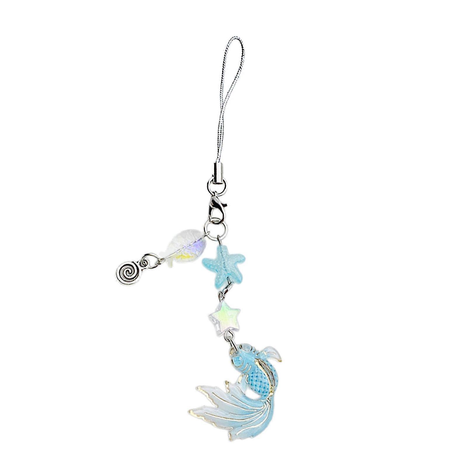 Creative Fish Beaded Pendant Cellphone Charm Phone Chain Functional Keychain Ornament Keyring for Bag Purse Backpack Blue