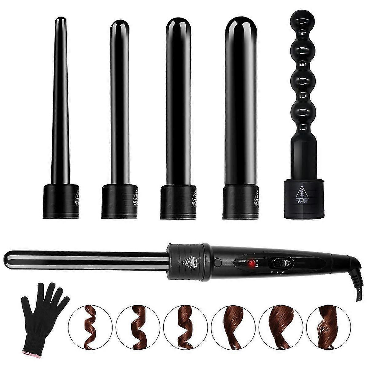 6 In 1 Curling Iron Wand Set With 6 Interchangeable Ceramic Barrels And Heat Protective Glove (black-6in1)