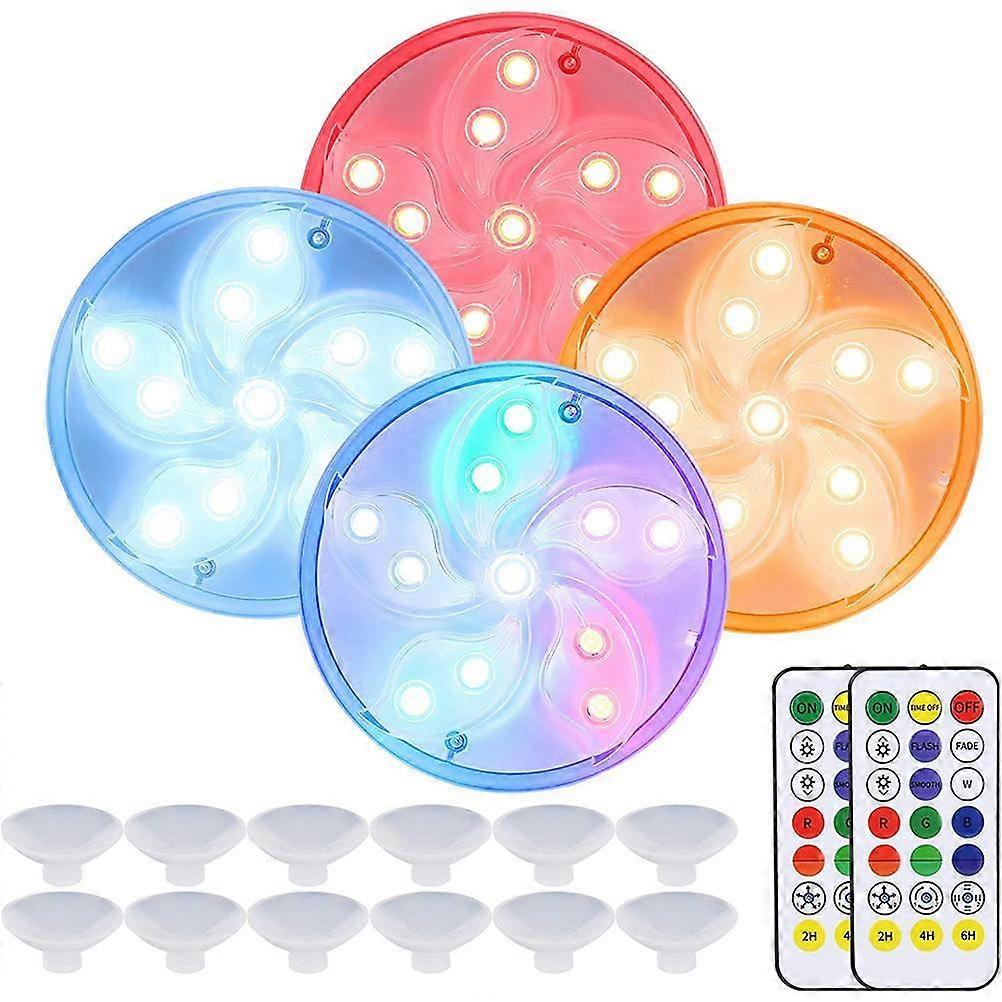 4 Pack Submersible Waterproof Underwater Light with Suction Cup Magnets and RF Remote Control RGB LED Lights