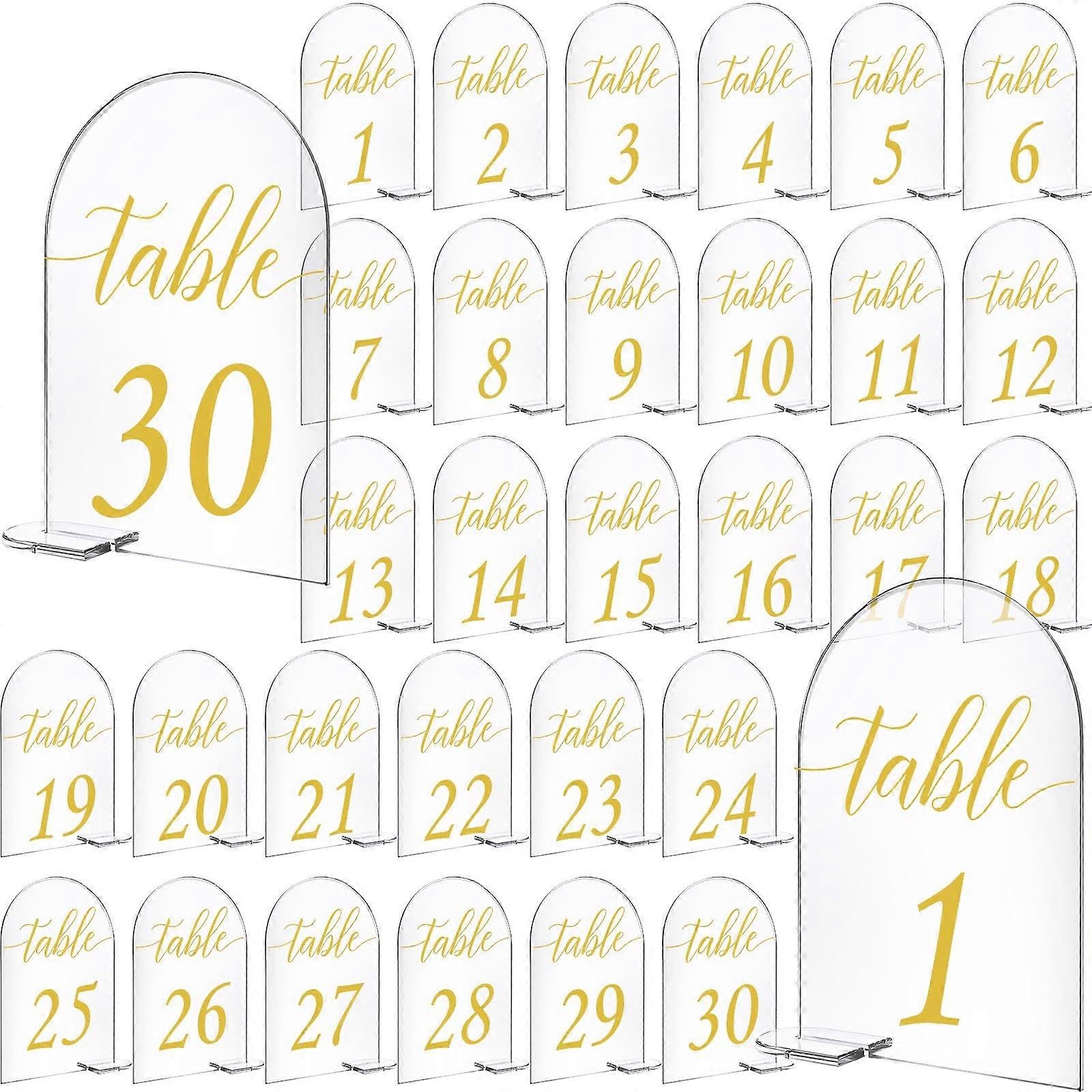 30 Sets Arch Acrylic Table Signs Gold Printed 1-30 with Stands Calligraphy Clear 5x7 Inch Table Number Displays for Events