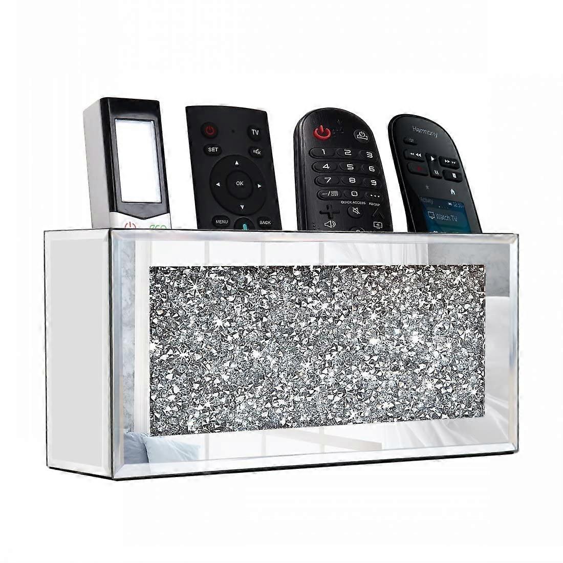 Mirrored Remote Control Holder, Wall-Mounted Crush Diamond Bling Storage Organizer for 3-4 Remotes, 8.3" x 2.5" x 4"