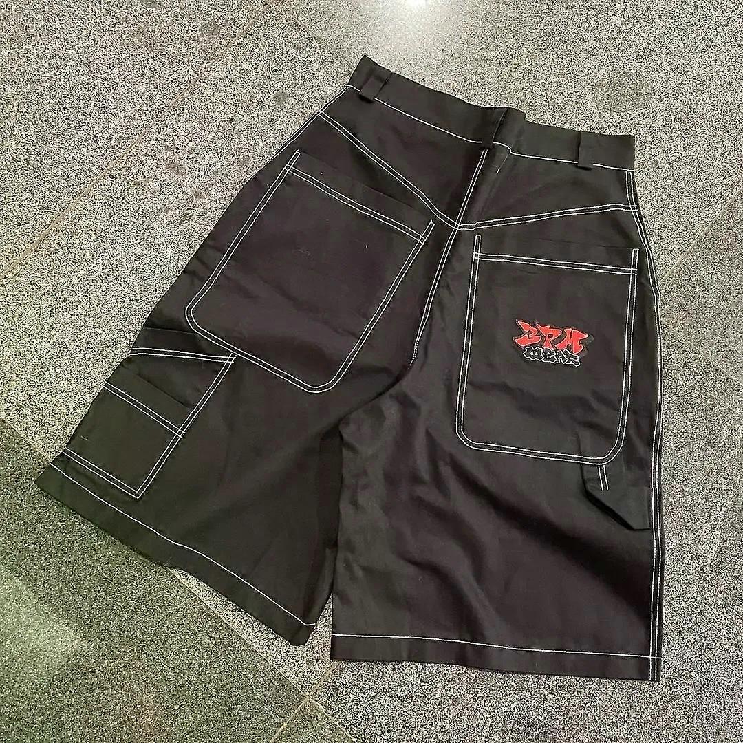 כיס אישיות שחור לגברים ונשים מכנסי ברך היפ הופ ג'ינס ג'ינס רחוב מזדמן מכנסי אופנה פשוטים