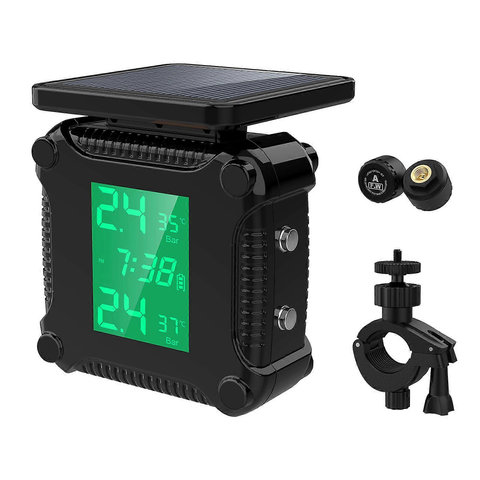 Tire Pressure Monitoring System Solar Charging Waterproof Motorcycle Tyre Alarm with Large LCD Screen 2 External Sensors
