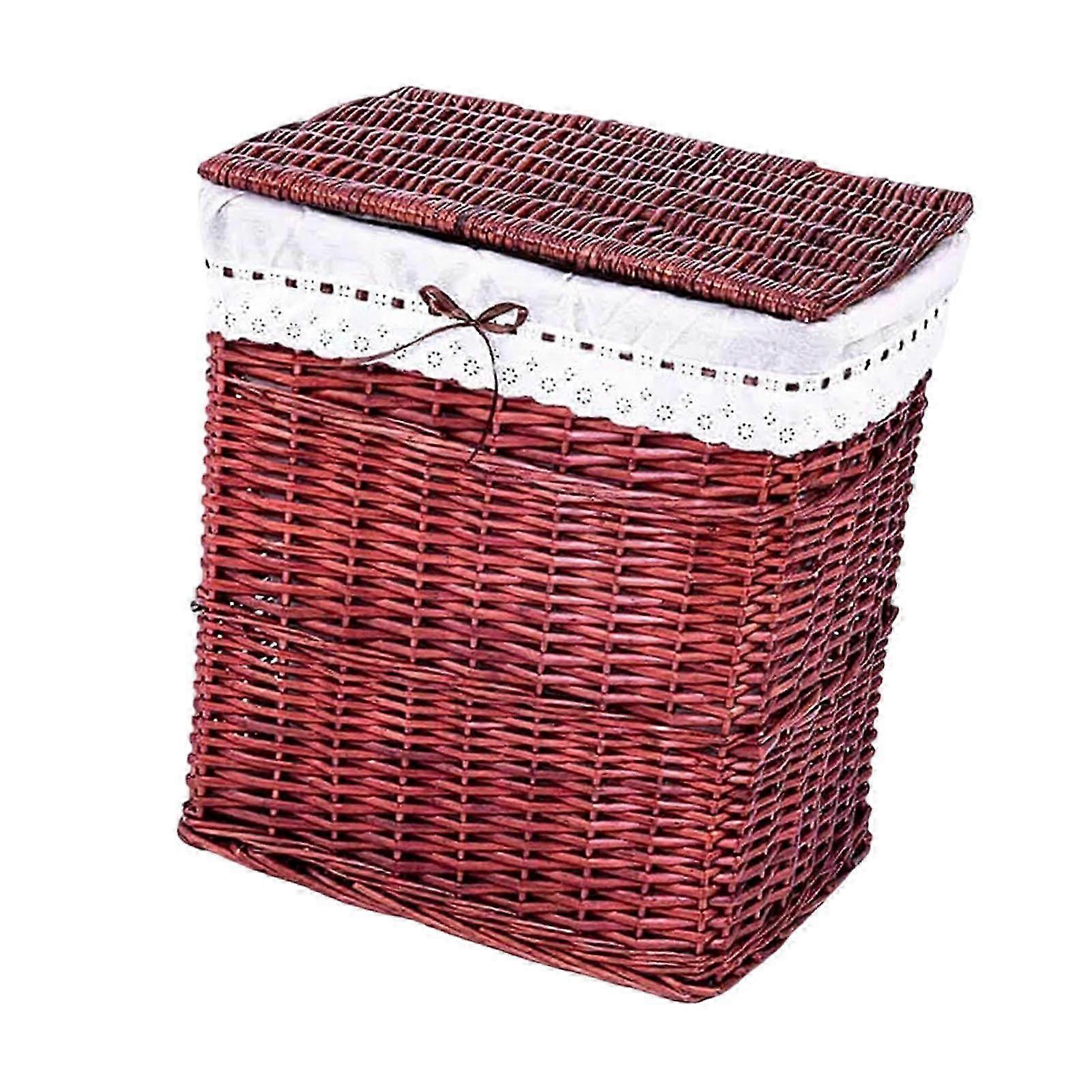 Woven Rattan Laundry Hamper with Lid for Bathroom Home in Red Brown