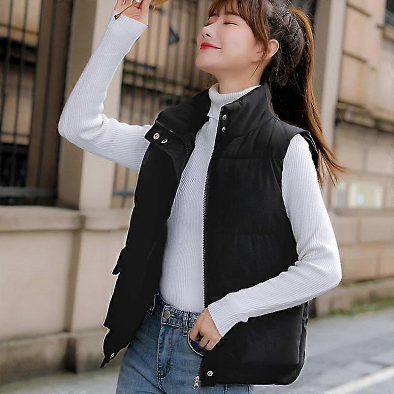 Autumn and Winter Slim Down Cotton Vest Women's Sleeveless Waistcoat Thickened Short Vest Jacket Straight Version Type Stand-up Collar Without Hood